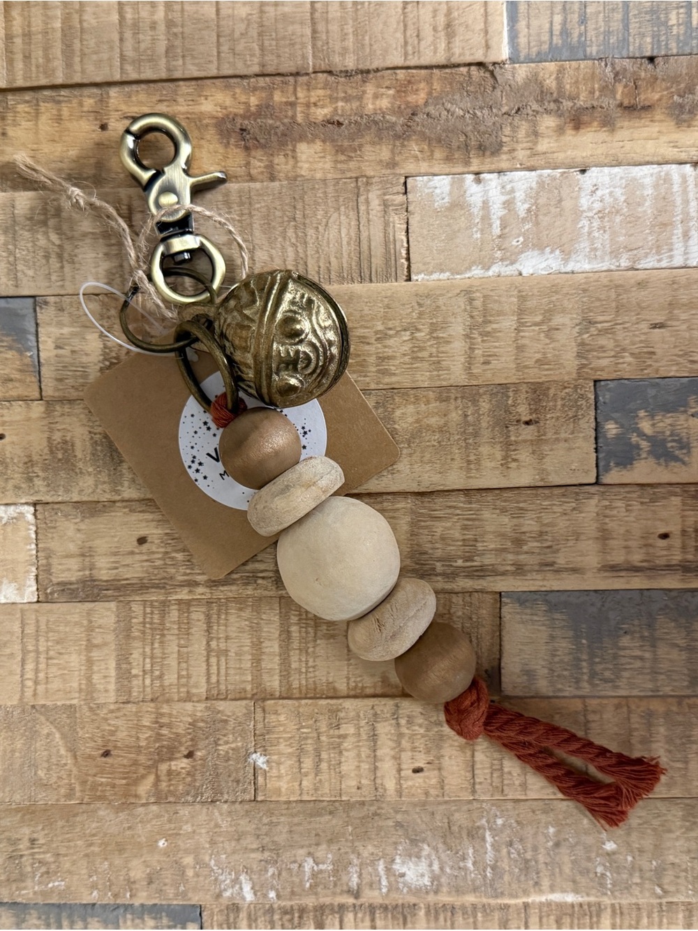 Handmade Boho Wood Bead & Vintage Brass Bell Keychain/Bag Charm- Natural/Rust